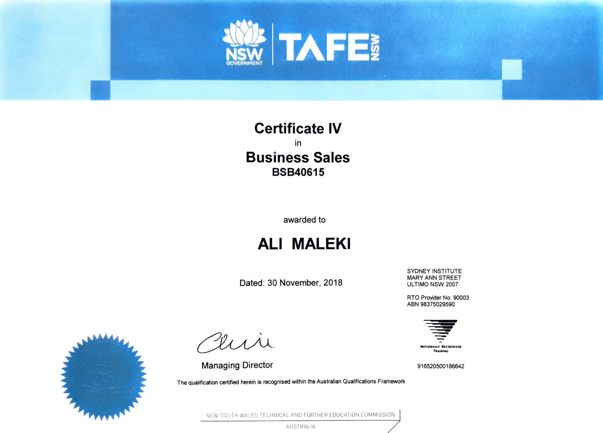 Certificate IV in business sales