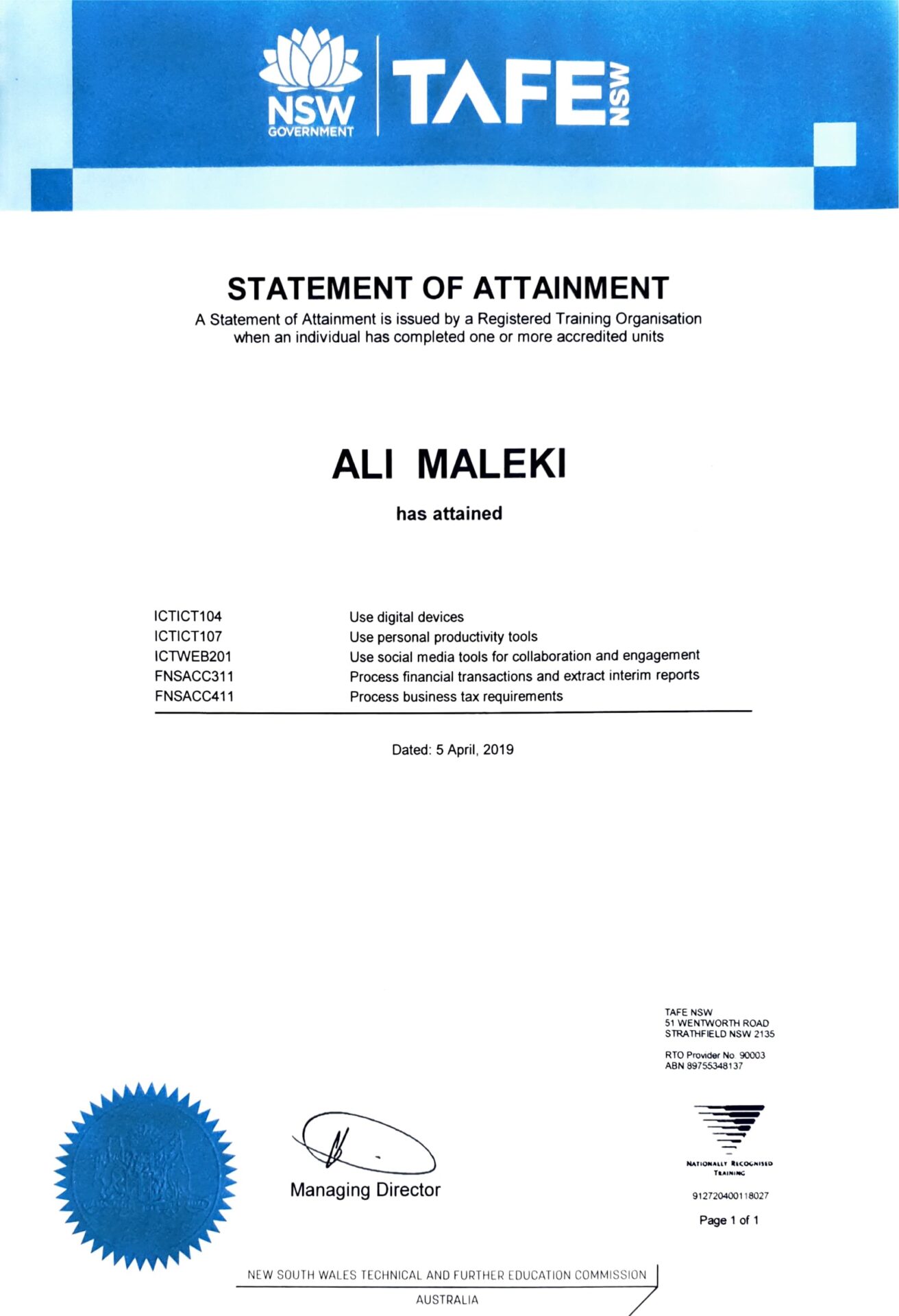 Statement of attainment in Business