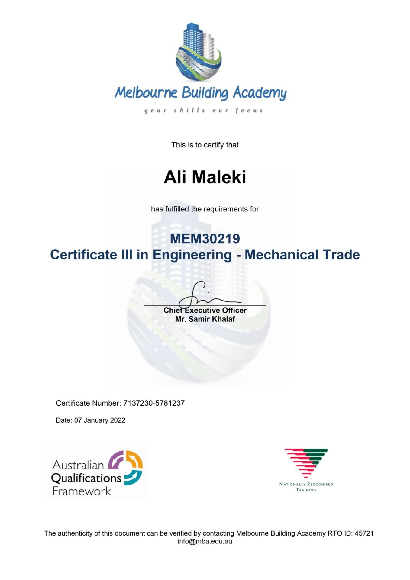 Mechanical trade certificate