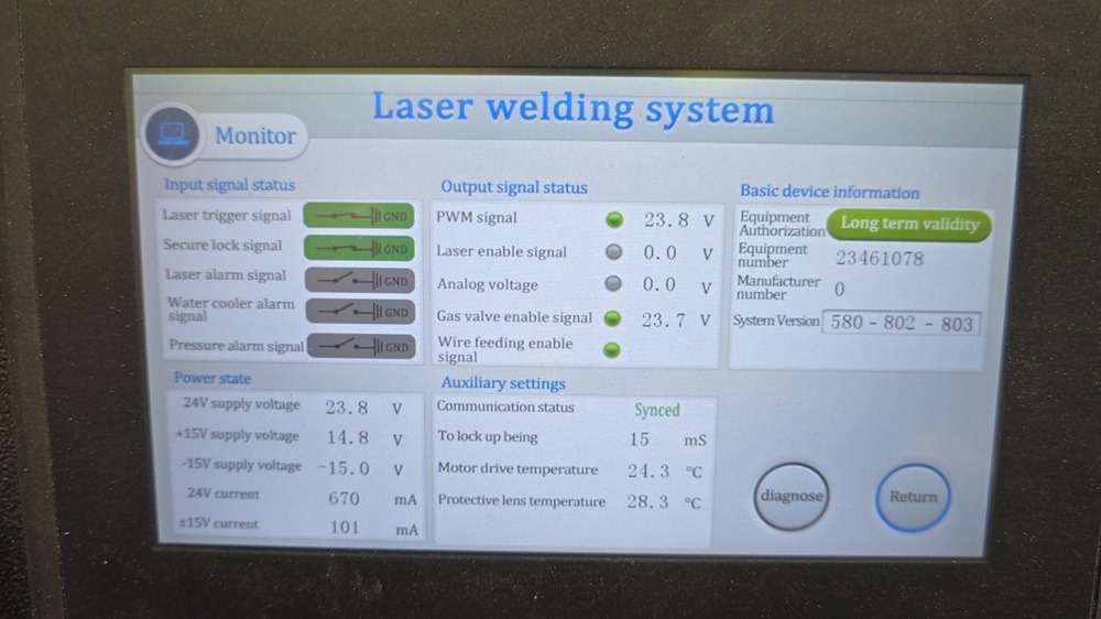 Laser welder diagnostic